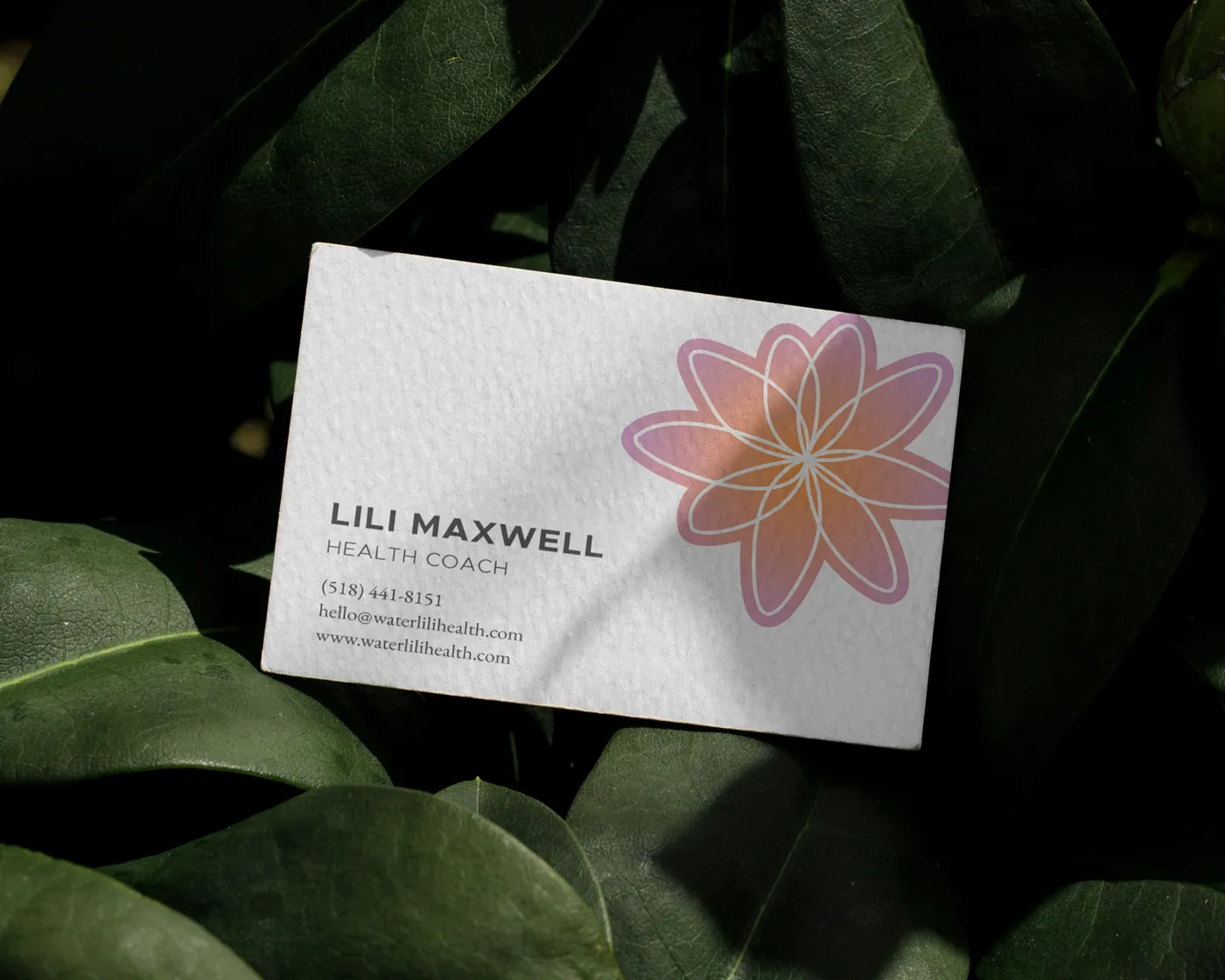 A textured business card for Lili Maxwell, Health Coach, resting on large green leaves. The card features her contact information and a colorful overlapping flower logo in the top right corner.